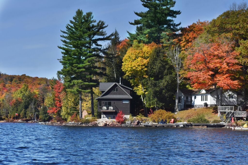 Lakeview Residency Charming lakeside cabin surrounded by colorful autumn trees reflecting in tranquil water.